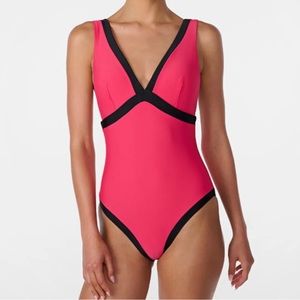 Karl Lagerfeld Paris Marion Plunge-Neck One-Piece Swimsuit Raspberry Size XS NEW